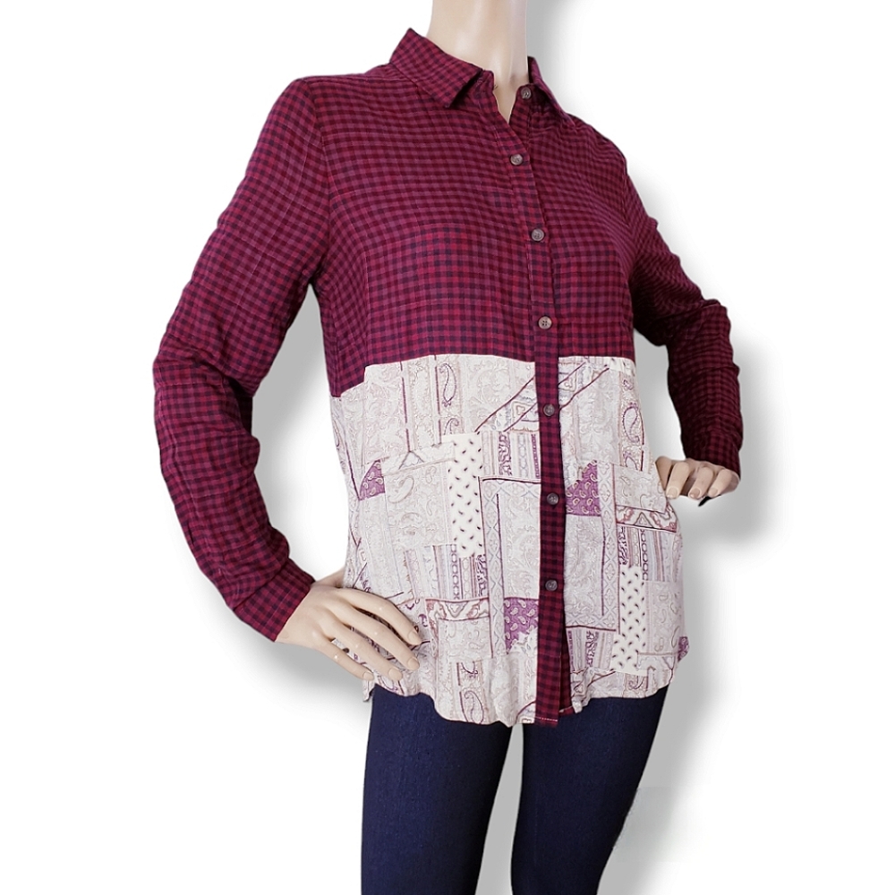 Oddy Red & Off White Contrast Panel Plaid & Paisley Button Down Blouse